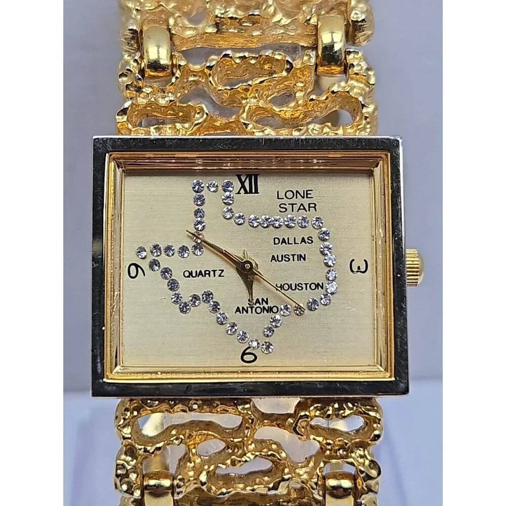 Lone Star Texas Rhinestone Map Quartz Gold Tone Nugget Watch Western New Battery